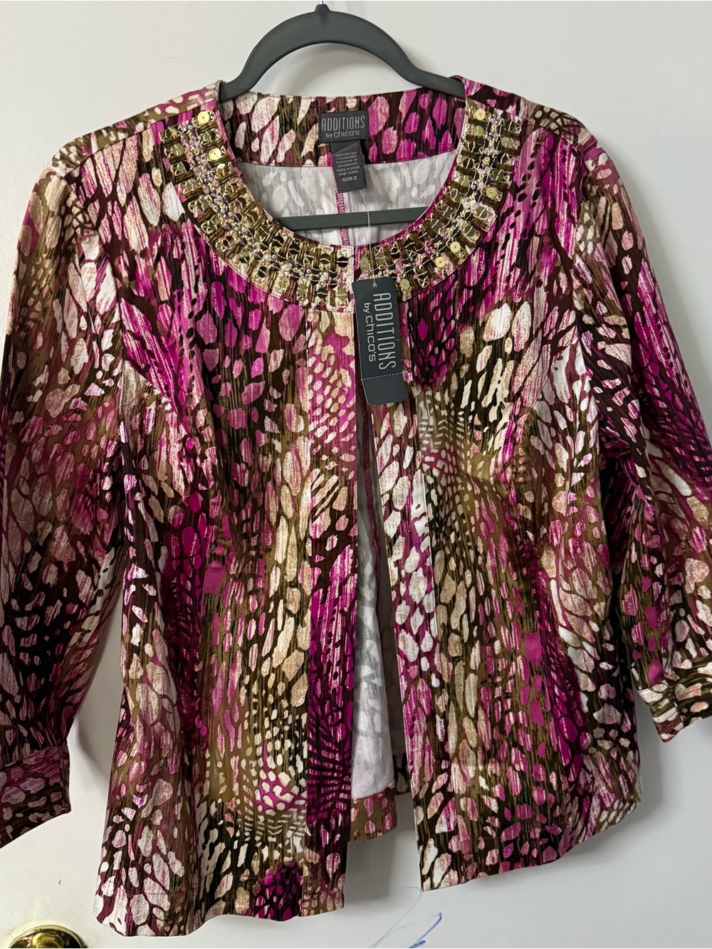 Chico's Metallic Pink and Gold Animal Print Embellished Jacket